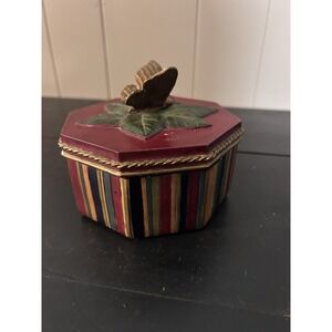 Decorative Hand Painted Butterfly Trinket Box Red Multicolor Striped Gold Trim